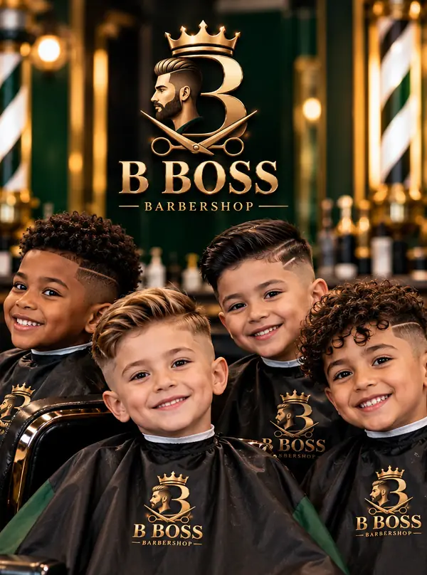 Four smiling boys with fresh haircuts wearing B Boss capes
